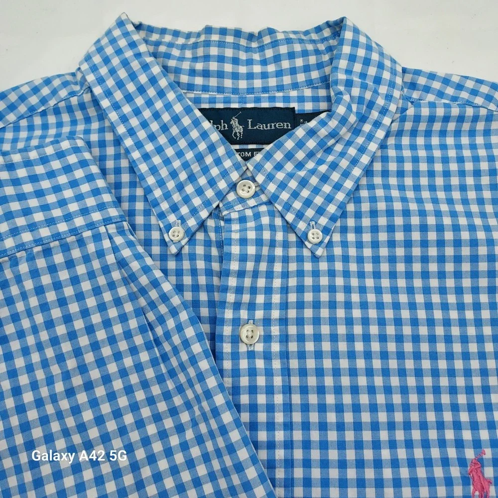 Ralph Lauren Mens XL Custom Fit Blue Gingham Button Down Shirt Pink Pony Logo